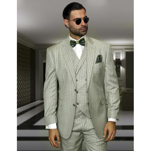 Statement Confidence Sage / Hunter Green / Cognac Checks Super 150's Wool Vested Suit TZ-924